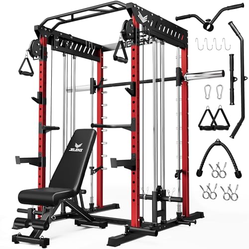 JELENS M21 Smith Machine, Multi-Function Power Cage with Dual Pulley Cable Crossover System, 2000LBS All-in-One Squat Rack with Smith Bar and Attachments - color: Red, size: M21 Home Gym Package