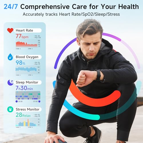 Smart Watches for Men Women, Alexa Built-in, 1.8" Smartwatch with Heart Rate/SpO2/Sleep/Stress, IP68 Waterproof Fitness Tracker with Bluetooth Call (Answer/Make), 101+ Sports Modes, for Android iPhone - color: Matte Black