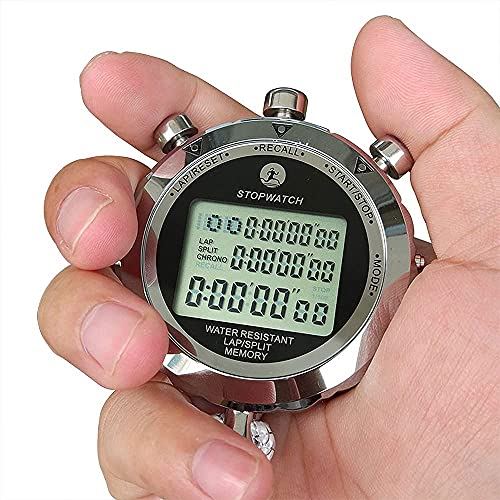 Stopwatch Timer, Metal Stop Watch 10 Lap Memory Digital Stopwatch, Water Resistant Stopwatch for Sports, Competitions (Silver)