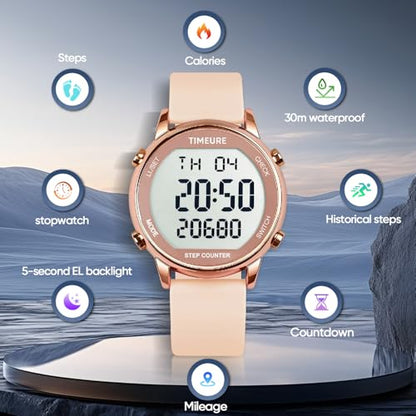 TIMEURE Pedometer Watch for Women Step Counter for Walking No App TU-2509 - color: pink