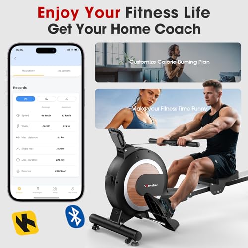 Wenoker Rowing Machine for Home, Magnetic Rower Machine, 350 LB Weight Capacity, 16-Level Silent Resistance Row Machine for Gym Exercise - color: Natural Wood