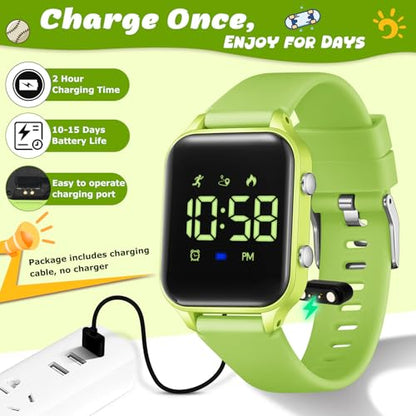 Kids Digital Watches for Boys Girls, Sports Watch with Fitness Tracker, Pedometer, Alarm Clocks, Stopwatch, No App Needed Waterproof Kids Watch, Gift for Teens Student Girls Boys Ages 5-14 - color: Green