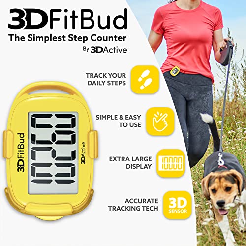 3DFitBud Simple Step Counter Walking 3D Pedometer by 3DActive with Clip, Lanyard Accurate Step Tracker Large Display, Easy to Use for Kids Men Women Adult Seniors Daily Step Tracking - A420S - color: Yellow