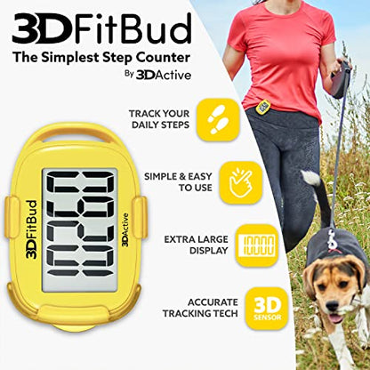 3DFitBud Simple Step Counter Walking 3D Pedometer by 3DActive with Clip, Lanyard Accurate Step Tracker Large Display, Easy to Use for Kids Men Women Adult Seniors Daily Step Tracking - A420S - color: Yellow
