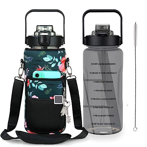 Half Gallon Water Bottle with Sleeve, 64OZ Motivational Water Bottle - color: Black Rose