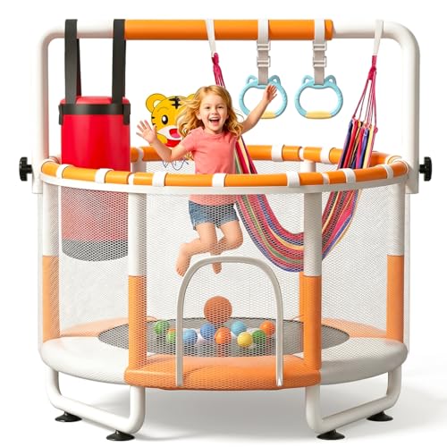 55" Mini Trampoline for Kids with Net, Indoor Toddler Trampoline Bar,440lbs Heavy Duty Steel Mini Play Gym, Safe Indoor Outdoor Toys with Swing, Birthday Gifts for Toddlers Boys Girls Ages 1-8 - color: White (Powder-Coated)