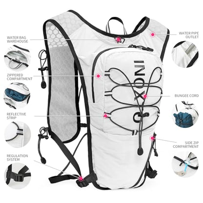IX INOXTO Running Vest for Women Men, Adjustable Chest Straps Running Hydration Vest with 500ml Soft Flask, Lightweight Breathable Reflective Hydration Backpack for Hiking - color: White with 1.6L