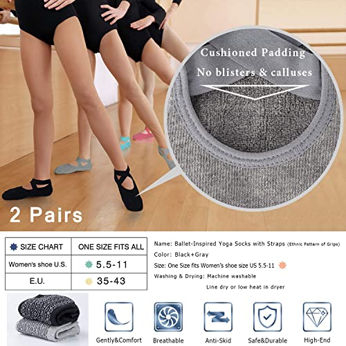 Ozaiic Pilates Socks for Women Non Slip Grip Yoga Barefoot Indoor Workout - color: 2p- Black/Gray