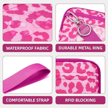 FODOKO Wristlet wallets for Women RFID crossbody bags with 4 Zippers - color: Red Leopard