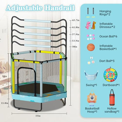 Lamerge Kids Trampoline, Indoor Trampoline Approved by ASTM, Safety Enclosure Net and Adjustable Handrail, 1-8 Children, 500lbs Capacity, 7-in-1, 60" - color: Blue-Dinosaurs, size: Hexagon