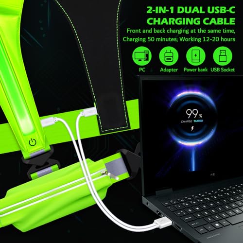 LED Reflective Vest Running Gear, USB Rechargeable Light Up Running Vest Chest Phone Holder for Runners Night Walking - color: Green