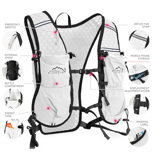 IX INOXTO Running Vest for Women Men, Adjustable Chest Straps Running Hydration Vest with 500ml Soft Flask, Lightweight Breathable Reflective Hydration Backpack for Hiking - color: white with 500ml