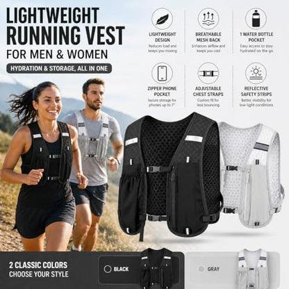 Running Vest for Women & Men, Hydration Vest with Water Bottle Holder and Zipper Phone Pocket, Lightweight Breathable Reflective Running Vest for Marathon. - color: Black