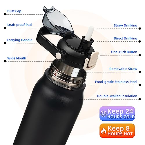 BJPKPK 45oz Insulated Water Bottle with Straw Lid, Stainless Steel Bottle - color: 45 oz Black, size: 45 Ounces