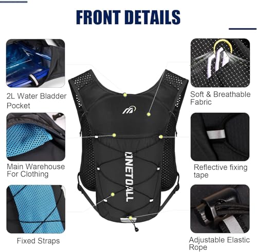Running Vest for Women & Men, 6L Hydration Backpack with 2L Water Bladder, Lightweight Water Backpack for Trail Running, Marathon, Hiking, Cycling, Jogging, Adjustable Fit - color: Black Vest with 2L Bladder