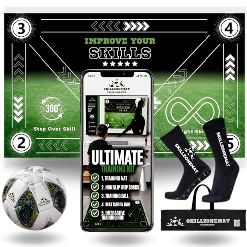 SkillZone Soccer Training Mat with Soccer Ball – Dribbling & Footwork Trainer | Indoor/Outdoor Soccer Training Kit with Interactive Video Hub, Grip Socks & Carry Bag | Control & Agility Practice - color: MIdnight Strike - Match Kit