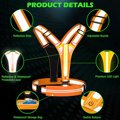 LED Reflective Vest Running Gear, USB Rechargeable Light Up Running Vest Chest Phone Holder for Runners Night Walking - color: Orange