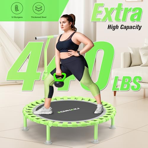ZCMHAXJ Foldable Mini Trampoline, 40" Rebounder Trampoline for Adults & Kids, 450lbs Capacity with T-Shaped Adjustable Bar, Indoor Fitness Workout Exercise Equipment - color: Green