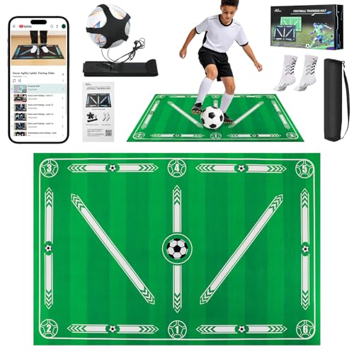 MoKo 35'' × 24'' Soccer Training Mat with Video, Soccer Training Equipment Improve Strength, Agility and Coordination, Non-Slip Socks, Storage Bag, Portable Silent Footwork Mat Gift for Players - color: Green