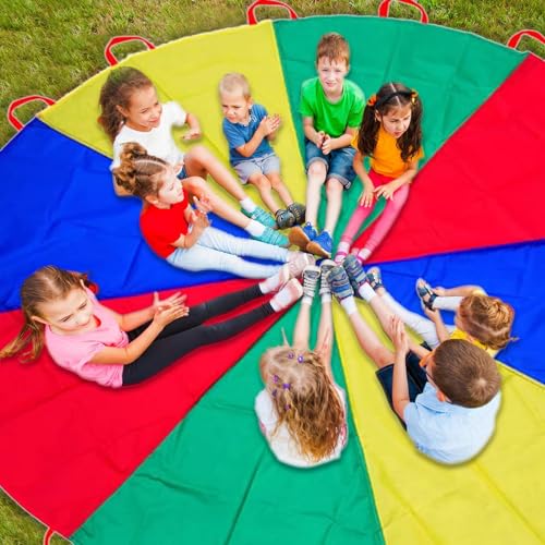 Parachute 13ft/ 16.4ft/ 20ft - Kids Play Gymnastics Parachute with Handles for Group Team Cooperative Games,Indoor Outdoor Gym Class Rainbow Parachute Birthday Church VBS Activity Supplies - size: 16.4ft