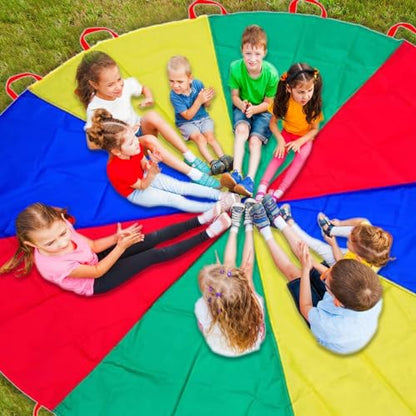 Parachute 13ft/ 16.4ft/ 20ft - Kids Play Gymnastics Parachute with Handles for Group Team Cooperative Games,Indoor Outdoor Gym Class Rainbow Parachute Birthday Church VBS Activity Supplies - size: 16.4ft