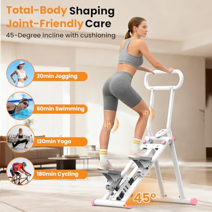 HXD-ERGO Stair Stepper, Upgrade 6-Level Resistance Stair Master with Adjustable Handlebar, Folding Stair Climber Workout Machine - color: White&Pink