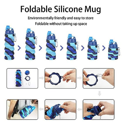 Collapsible Water Bottles Travel water bottle Sports Portable Sport Water Bottle Reusable Water Bottles comes with mountaineering Buckle 500ml silicone Water-proof camping water bottle - color: Blue+Blue camouflage, style: 2 pack