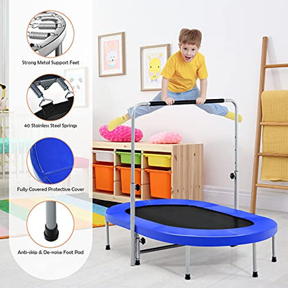 Giantex Mini Trampoline, 2 Persons Foldable Fitness Trampoline w/ 5 Levels Height Adjustable Handle, Max Load 330LBS, Indoor Oval Rebounder Exercise Trampoline for Adult, Kid, Enjoy Parent-child Time - color: Blue