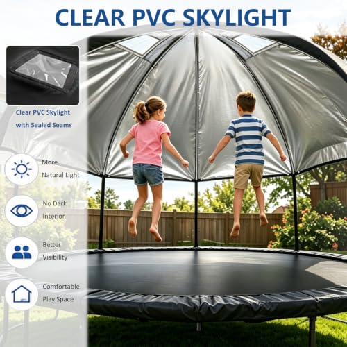 Outdoor Trampoline Cover – 600D Waterproof Heavy Duty Trampoline Tent Cover, Clear PVC Skylight, Dome Design with Support Poles, Fits 14 ft Round Trampolines - size: 14ft
