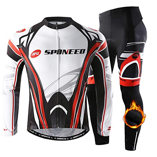 sponeed Men's Cycling Jersey Full Sleeve Riding Wear Long Sleeve T Shirts Pants - color: Fleece Red White, size: Large
