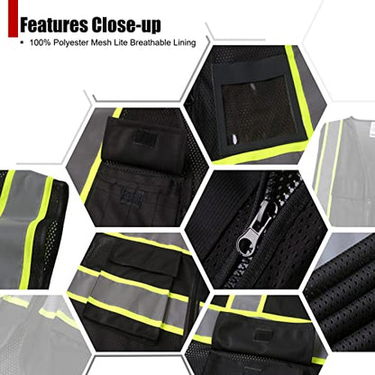 Reflective Safety Vest for Men Women High Visibility Vest with 8 Pockets and Front Zipper Mesh Reflective Vest Meets ANSI/ISEA Standards (Black-07, Medium) - color: Black, size: Medium