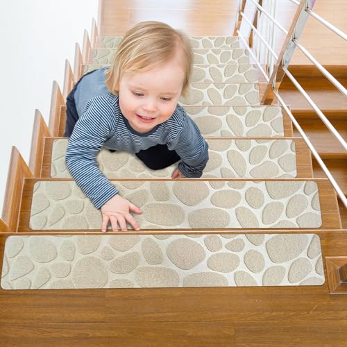 Self Adhesive Residue Free Machine Washable Reusable Stair Treads Non Slip Steps - 100% Polyester Heavyduty TPE Backing Wooden Stair Runner Indoor - 15 Pack 30"X8" Anti Slip Mats - Stone Yellow - color: Yellow (Stone), size: 15 pcs