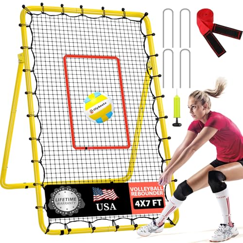 6 Adjustable AnglesVolleyball Rebounder Net 7x4 FT Bounce Back Trainer - color: Yellow