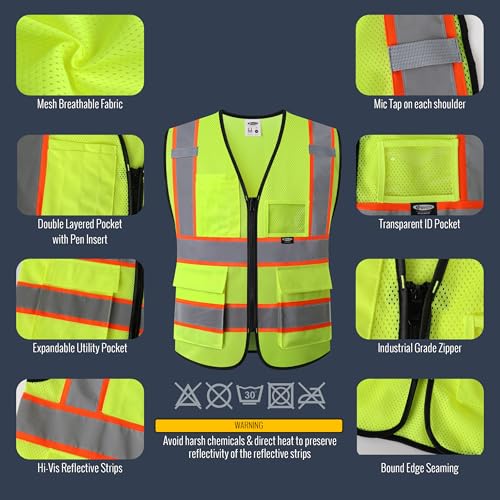JKSafety Safety Vest for men women Hi Vis Vest with Pockets and Zipper High Visibility Reflective Vests BX320 - color: Yellow, size: Medium