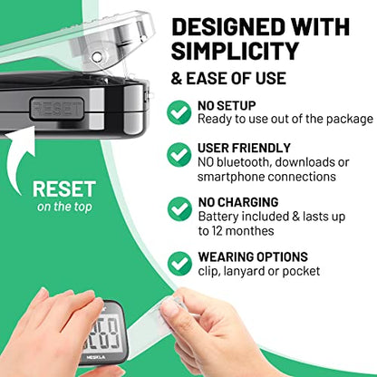 NESKLA 3D Pedometer, Simple Step Counter with Large LCD Display for Walking - color: Black