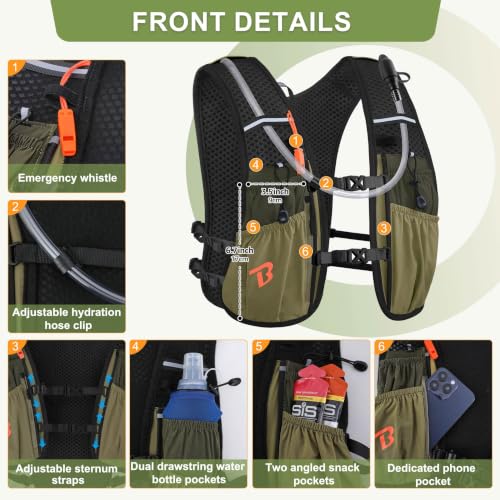 BECOJADDE Running Vest for Women Men, 5L/6L Lightweight Hydration Backpack Running Pack for Marathon, Trail, Cycling, Hiking, Jogging - color: Olive Green