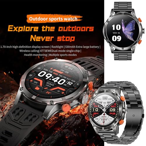 1.7" AMOLED Smart Watch for Men (Make/Answer Call), Mens Smartwatches with Flashlight, 710mAh Battery，Fitness Tracker Smartwatch for Android iPhones, Digital Watches Step Counter, 2 Straps (Black) - color: Black
