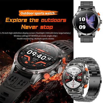 1.7" AMOLED Smart Watch for Men (Make/Answer Call), Mens Smartwatches with Flashlight, 710mAh Battery，Fitness Tracker Smartwatch for Android iPhones, Digital Watches Step Counter, 2 Straps (Black) - color: Black