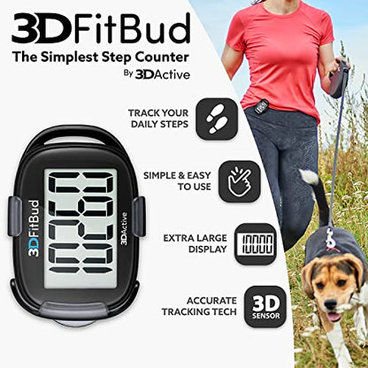 3DFitBud Simple Step Counter Walking 3D Pedometer by 3DActive with Clip, Lanyard Accurate Step Tracker Large Display, Easy to Use for Kids Men Women Adult Seniors Daily Step Tracking - A420S - color: Black