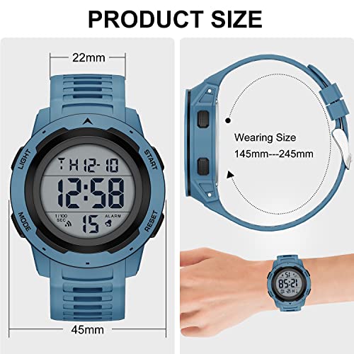 GOLDEN HOUR Mens Waterproof Digital Sport Watches Wide Screen Easy Read Display Military Style with Rubber Strap - color: blue