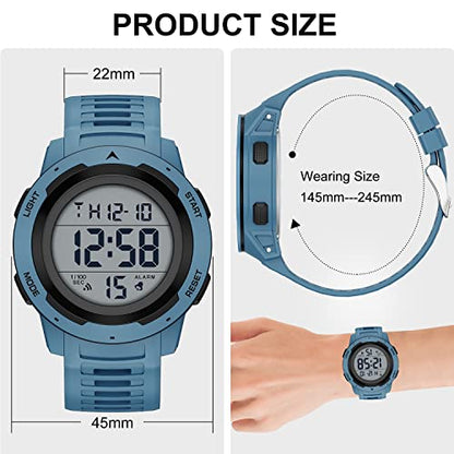 GOLDEN HOUR Mens Waterproof Digital Sport Watches Wide Screen Easy Read Display Military Style with Rubber Strap - color: blue