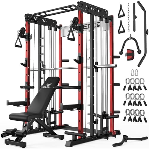 JELENS Smith Machine for Home Gym, Multi-Function M12 Power Cage with Cable Crossover System, Squat Rack with Smith Bar and More Attachment - color: Red, size: Weight Bench Package