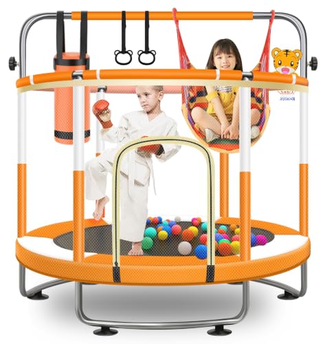 60" Trampoline for Kids with Net, 880lbs Capacity Indoor & Outdoor Kids Trampoline with Adjustable Gymnastics Bar & Toys, Toddler Trampoline for Kids 3-10 Boys & Girls - color: White/Orange