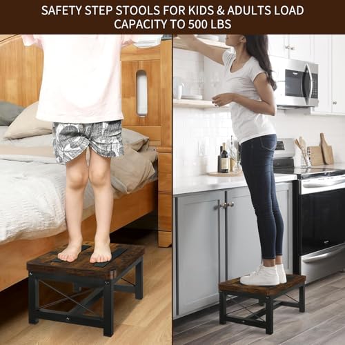 YINMIT Wooden Step Stool for Adults, Heavy Duty Step Stool for High Bed with Non-Slip Feet, Using for Bedroom, Living Room, Bathroom and Kitchen, Hold Up to 500 LBS - color: Rustic Brown 1 Tier