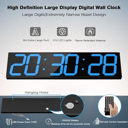 CHKOSDA Digital Wall Clock with Large Display, 28.4‘’LED 6-Digit Large Clock with Adjustable Brightness, Multifunction Digital Timer with Countdown and Stopwatch (Blue) - color: Blue