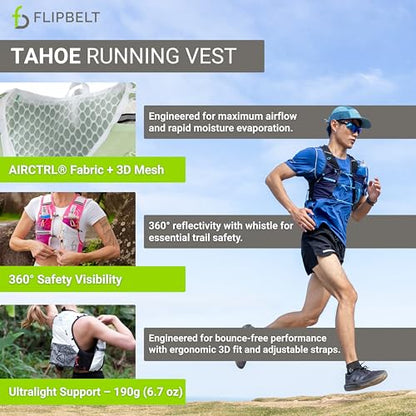 FlipBelt Tahoe Hydration Vest – Ultralight Running Vest for Men & Women – Includes Two 500ml Soft Flasks – Trail, Marathon, and Long-Distance Race Pack - color: Black, size: Large