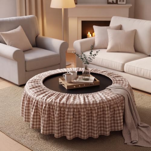 36 Inch Mini Trampoline Spring Cover Ruffled Plaid Trampoline Cover with Skirt Brown Gingham Round Skirt Easy to Install Replacement for Gym Boho Home Decor