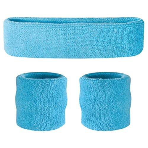 Suddora Sweatbands Set, Moisture Wicking 2 Wristbands and 1 Headband, Breathable Terry Cloth Athletic Bands for Basketball, Tennis, Yoga, Gym, Sweat Bands for Costumes and Cosplay - color: Neon Blue