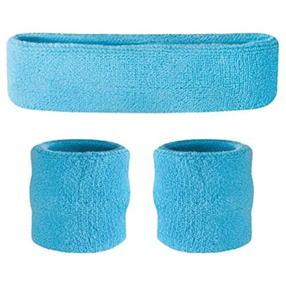 Suddora Sweatbands Set, Moisture Wicking 2 Wristbands and 1 Headband, Breathable Terry Cloth Athletic Bands for Basketball, Tennis, Yoga, Gym, Sweat Bands for Costumes and Cosplay - color: Neon Blue