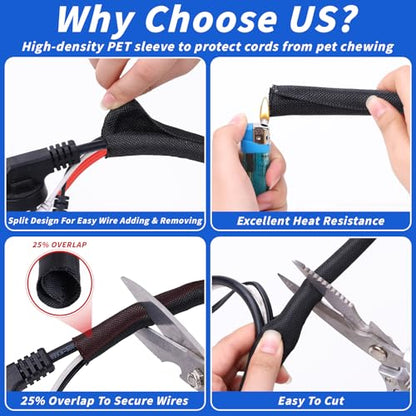 30ft - 1in Split Braided Sleeve Cable Management, Self-Wrapping - size: 1inx30ft